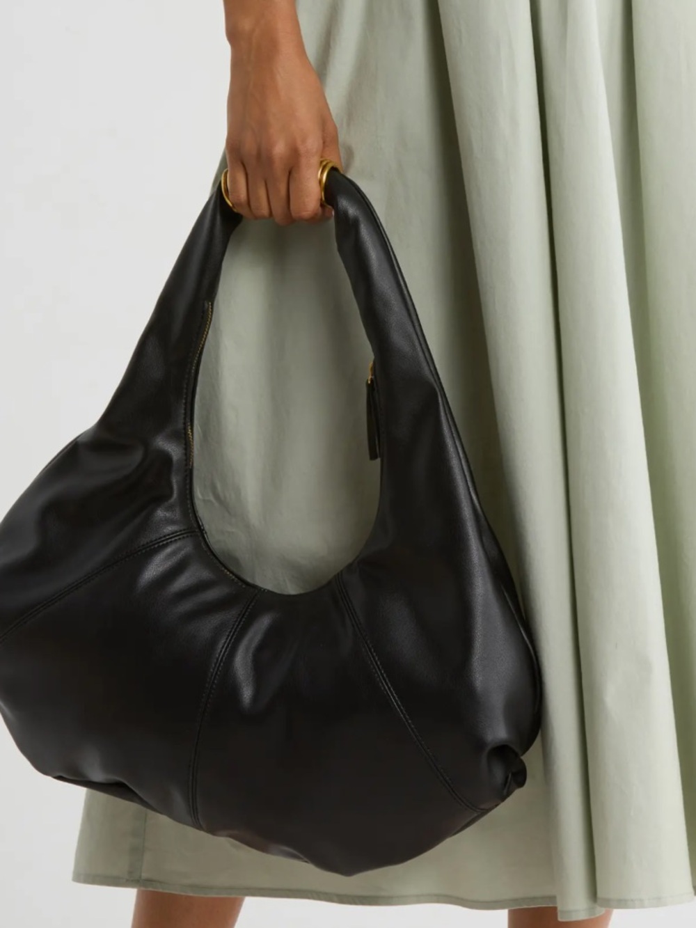 Black Leather Ring Detail Slouchy Hobo Bag